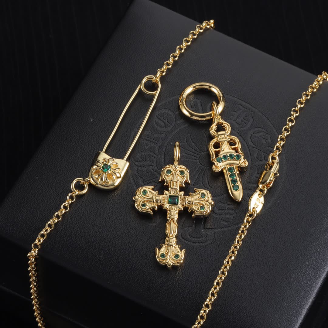 Chrome Hearts Gold Plated Cross and Dagger Charm Necklace
